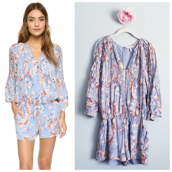 Joie Blue Floral Long Sleeve Silk Romper - Picture 1 of 10